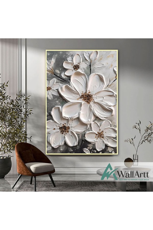 Embossed White Flowers II 3d Heavy Textured Partial Oil Painting